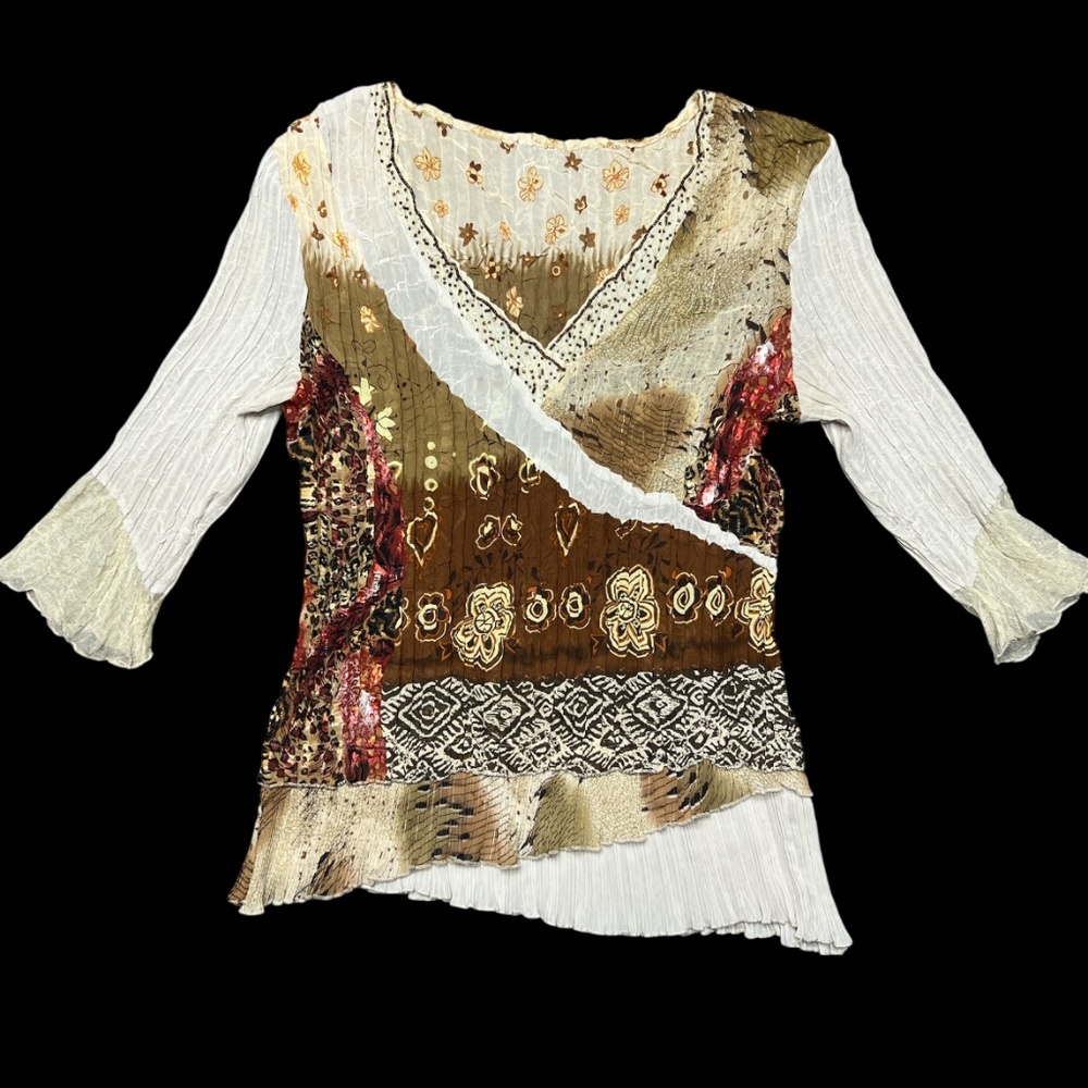 Alberto Makali Top Blouse Large Floral Layers Silky Shimmery Stretch Tan Crinkle - Picture 2 of 8